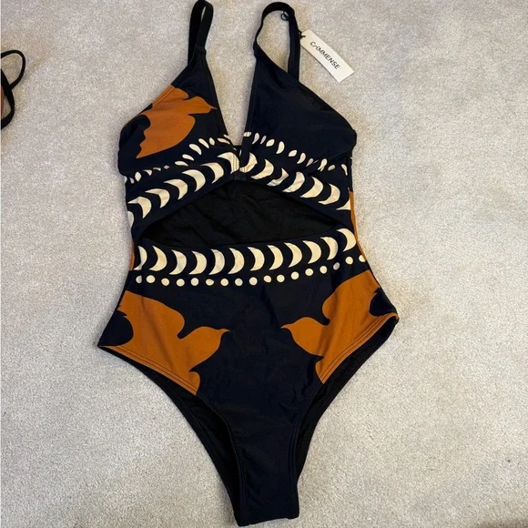 NWT Commense Orange and Black Bird Cut Out One Piece Swim Suit Size XS - Picture 2 of 8